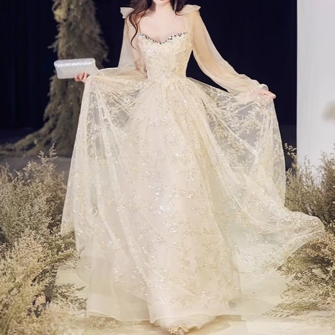 Long-Sleeve V-Neck Sequin A-Line Evening Gown