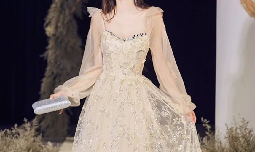 Long-Sleeve V-Neck Sequin A-Line Evening Gown