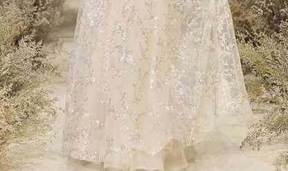 Long-Sleeve V-Neck Sequin A-Line Evening Gown