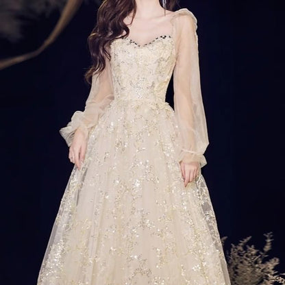 Long-Sleeve V-Neck Sequin A-Line Evening Gown