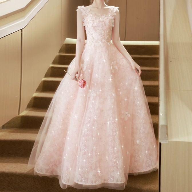 Sleeveless Square Neck Flower Accent A-Line Evening Gown