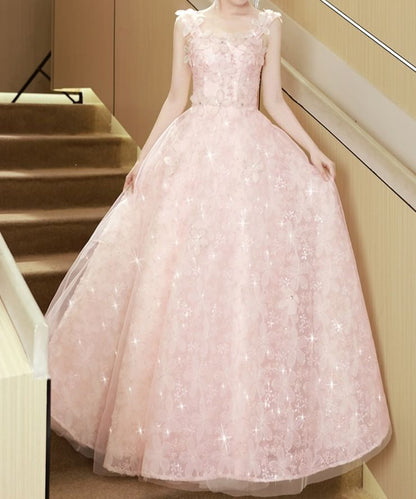 Sleeveless Square Neck Flower Accent A-Line Evening Gown