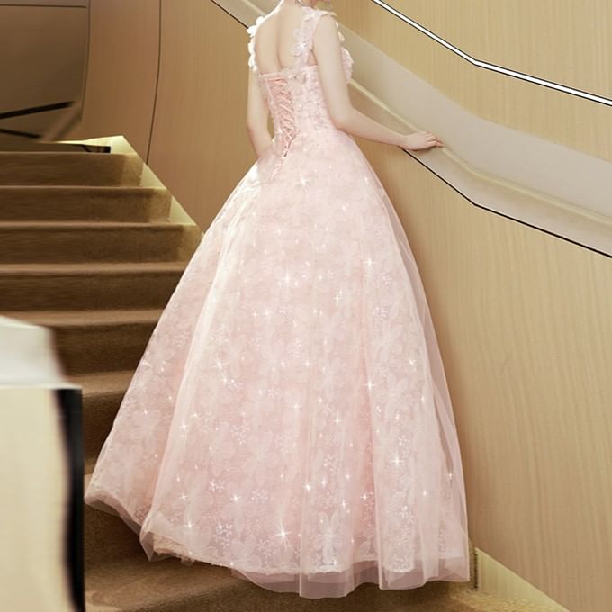 Sleeveless Square Neck Flower Accent A-Line Evening Gown