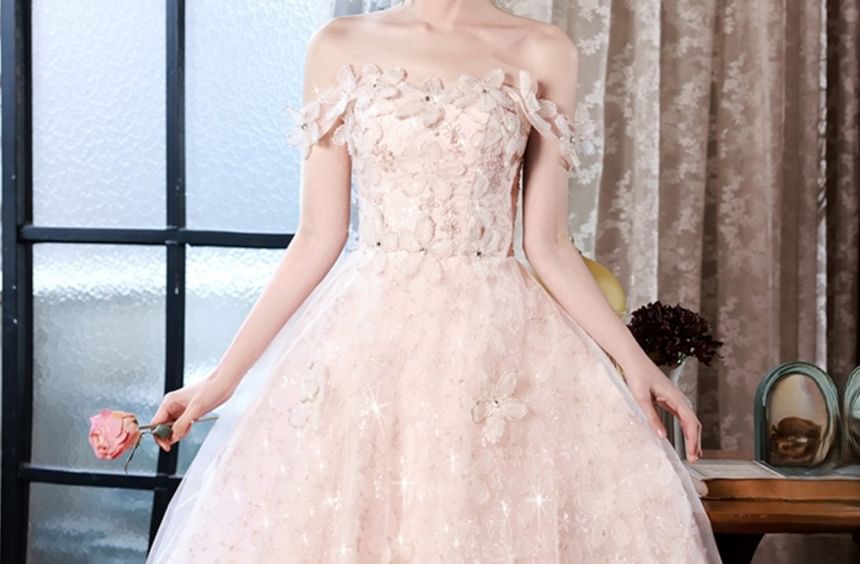 Sleeveless Square Neck Flower Accent A-Line Evening Gown