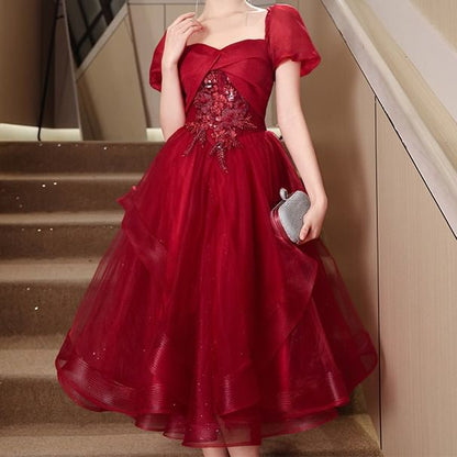 Puff-Sleeve Floral Embroidered Sequin Midi A-Line Cocktail Dress / Evening Gown