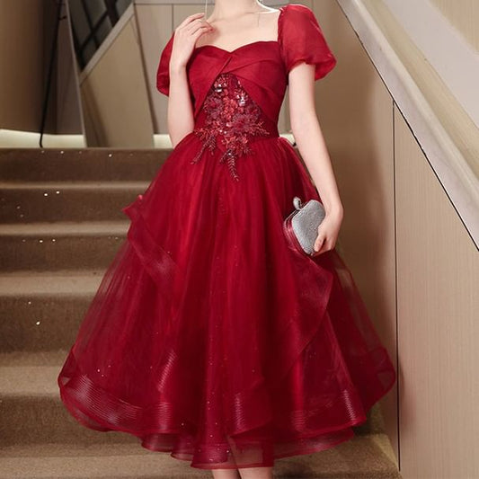 Puff-Sleeve Floral Embroidered Sequin Midi A-Line Cocktail Dress / Evening Gown