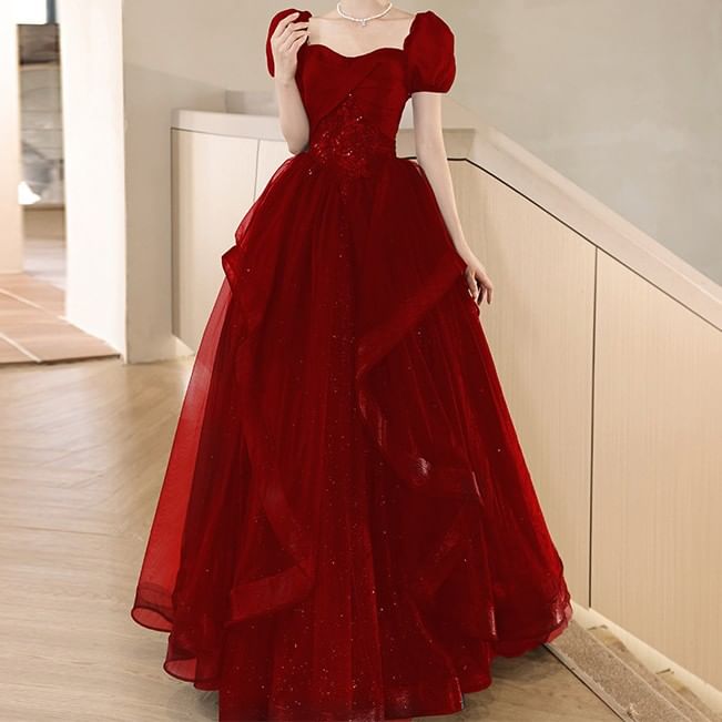 Puff-Sleeve Floral Embroidered Sequin Midi A-Line Cocktail Dress / Evening Gown