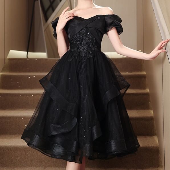 Puff-Sleeve Floral Embroidered Sequin Midi A-Line Cocktail Dress / Evening Gown