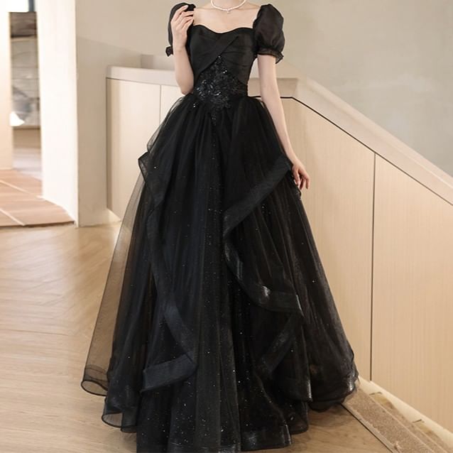 Puff-Sleeve Floral Embroidered Sequin Midi A-Line Cocktail Dress / Evening Gown