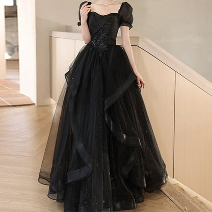 Puff-Sleeve Floral Embroidered Sequin Midi A-Line Cocktail Dress / Evening Gown