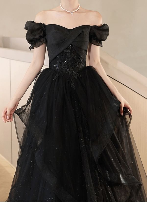 Puff-Sleeve Floral Embroidered Sequin Midi A-Line Cocktail Dress / Evening Gown