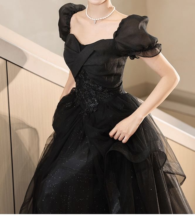 Puff-Sleeve Floral Embroidered Sequin Midi A-Line Cocktail Dress / Evening Gown