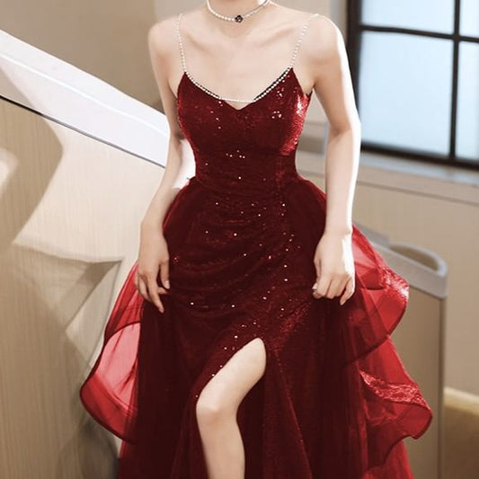 Chain Strap V-Neck Sequin Slit A-Line Evening Gown