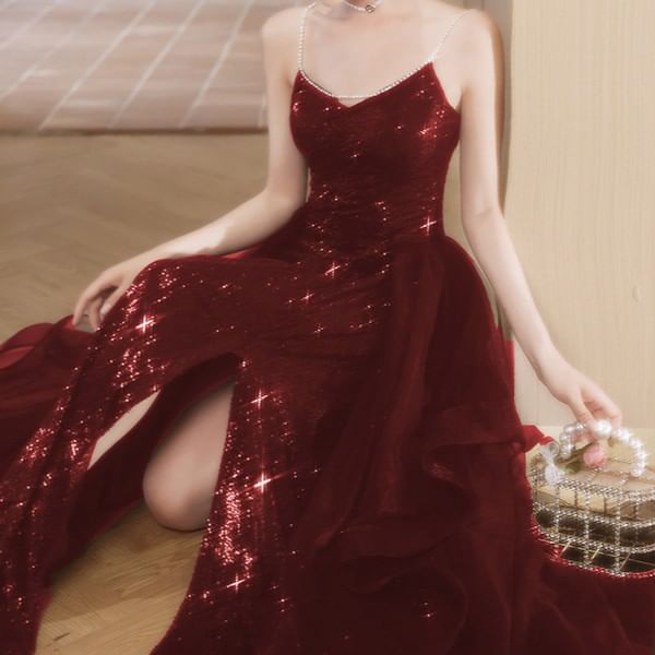 Chain Strap V-Neck Sequin Slit A-Line Evening Gown