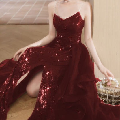 Chain Strap V-Neck Sequin Slit A-Line Evening Gown