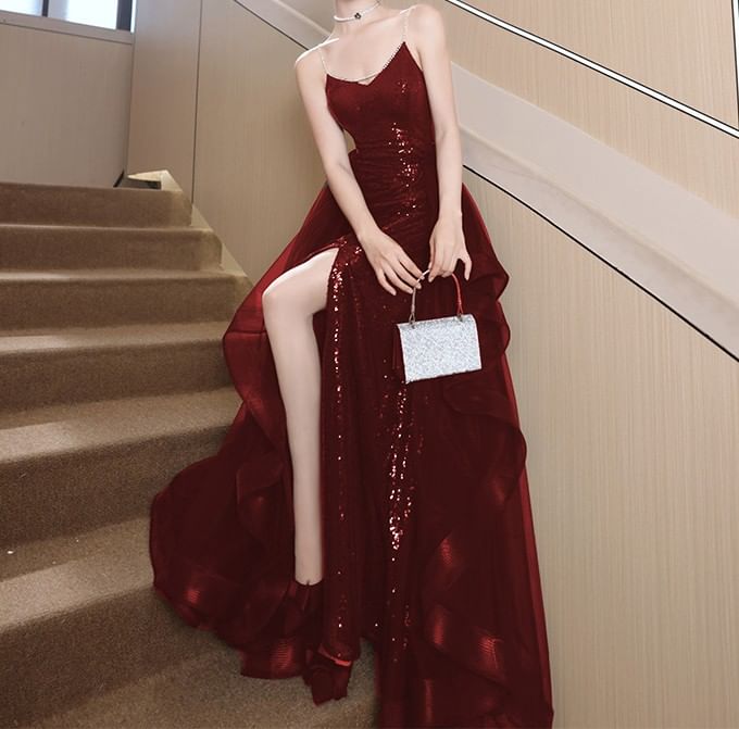 Chain Strap V-Neck Sequin Slit A-Line Evening Gown