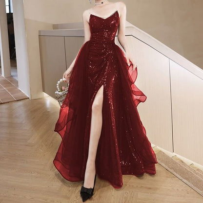 Chain Strap V-Neck Sequin Slit A-Line Evening Gown