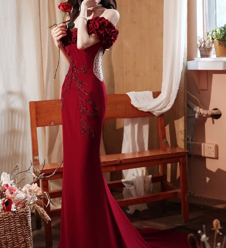 Off-Shoulder Floral Embroidered Mermaid Evening Gown (Various Designs)