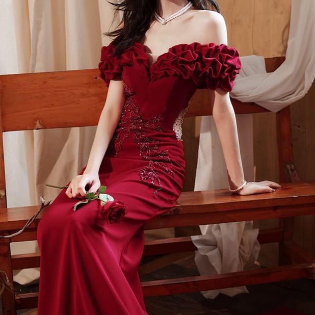 Off-Shoulder Floral Embroidered Mermaid Evening Gown (Various Designs)