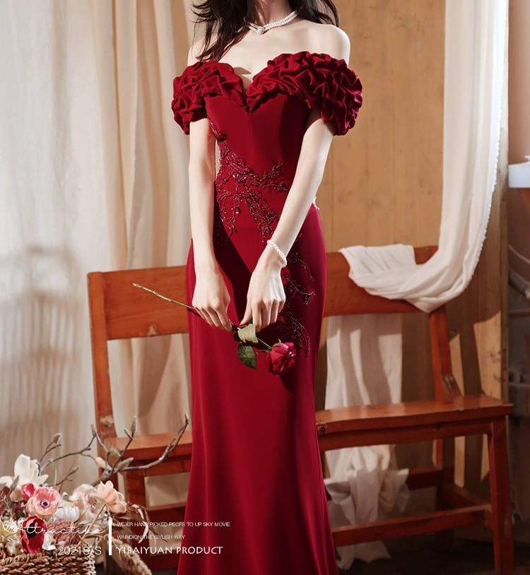 Off-Shoulder Floral Embroidered Mermaid Evening Gown (Various Designs)