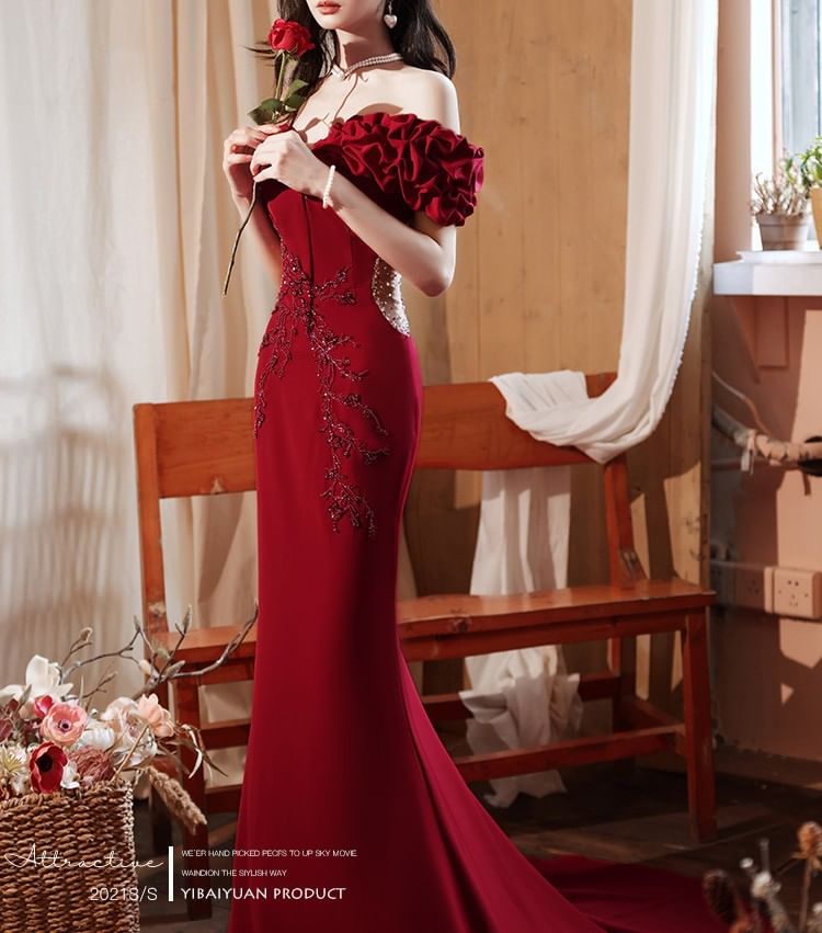 Off-Shoulder Floral Embroidered Mermaid Evening Gown (Various Designs)