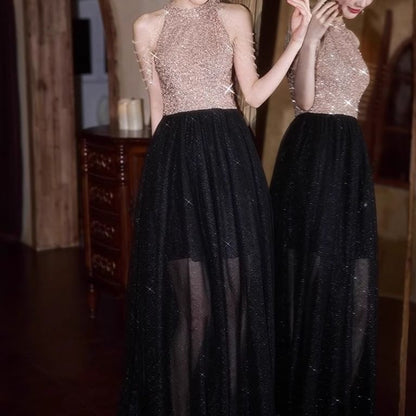 Halter Neck Sequin Mesh Panel Chained A-Line Evening Gown