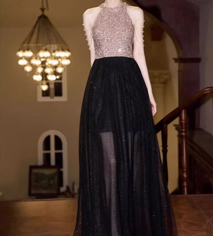 Halter Neck Sequin Mesh Panel Chained A-Line Evening Gown