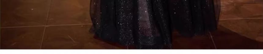 Halter Neck Sequin Mesh Panel Chained A-Line Evening Gown