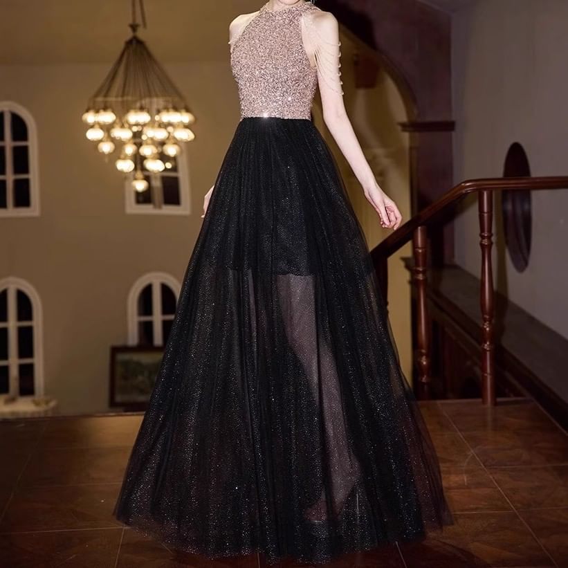 Halter Neck Sequin Mesh Panel Chained A-Line Evening Gown
