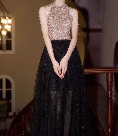Halter Neck Sequin Mesh Panel Chained A-Line Evening Gown