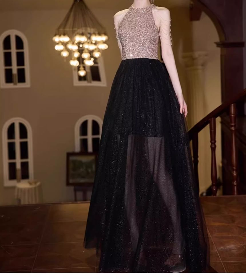 Halter Neck Sequin Mesh Panel Chained A-Line Evening Gown