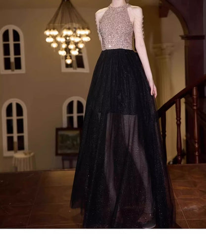 Halter Neck Sequin Mesh Panel Chained A-Line Evening Gown