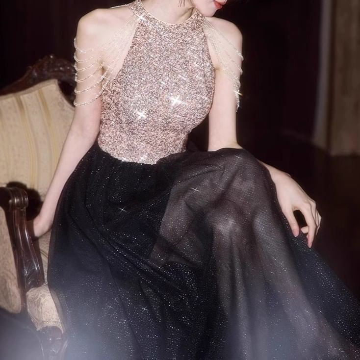Halter Neck Sequin Mesh Panel Chained A-Line Evening Gown