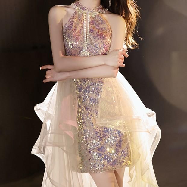 Halter Neck Sequin Faux Pearl Cutout High Low A-Line Cocktail Dress