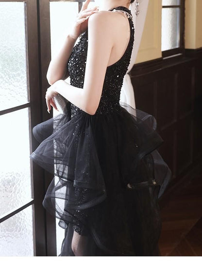 Halter Neck Sequin Faux Pearl Cutout High Low A-Line Cocktail Dress