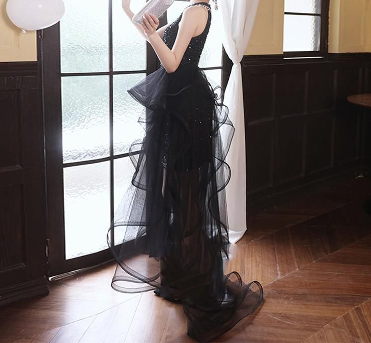 Halter Neck Sequin Faux Pearl Cutout High Low A-Line Cocktail Dress