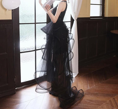 Halter Neck Sequin Faux Pearl Cutout High Low A-Line Cocktail Dress