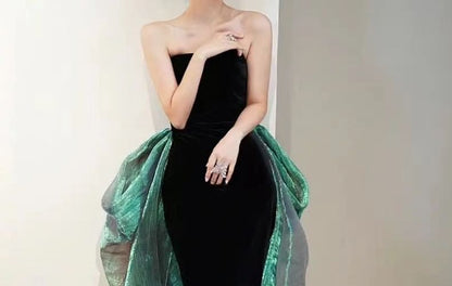 Strapless Sheer Panel Trained Mermaid Evening Gown