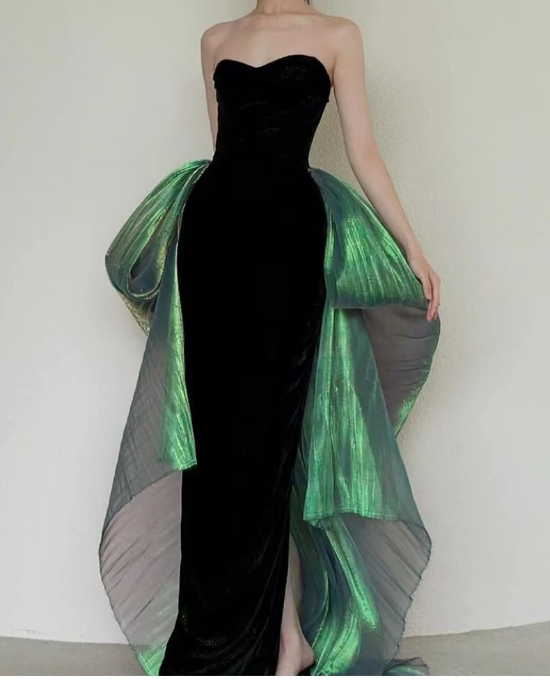 Strapless Sheer Panel Trained Mermaid Evening Gown