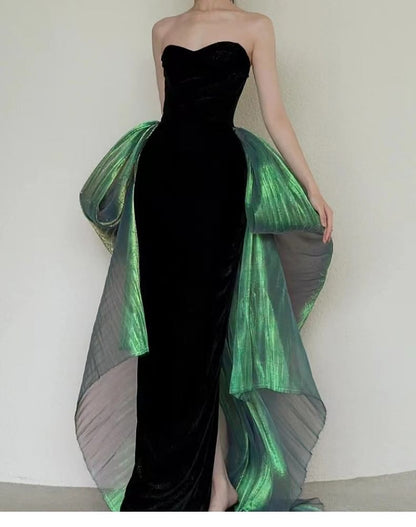 Strapless Sheer Panel Trained Mermaid Evening Gown