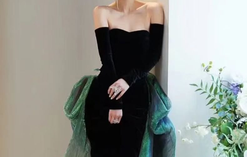 Strapless Sheer Panel Trained Mermaid Evening Gown