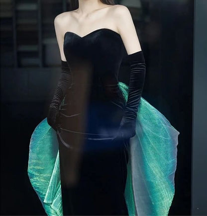 Strapless Sheer Panel Trained Mermaid Evening Gown