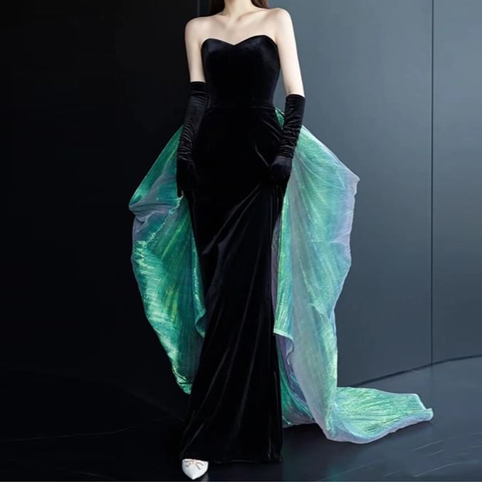 Strapless Sheer Panel Trained Mermaid Evening Gown