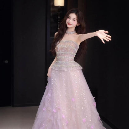 Strapless Sequin Flower Accent Ruffle Trim A-Line Evening Gown