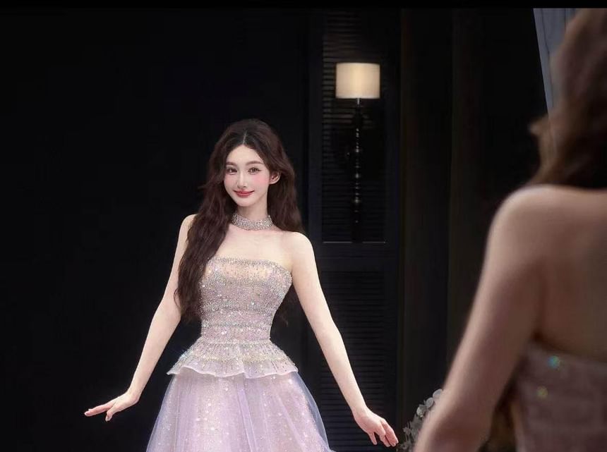 Strapless Sequin Flower Accent Ruffle Trim A-Line Evening Gown