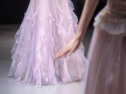 Strapless Sequin Flower Accent Ruffle Trim A-Line Evening Gown