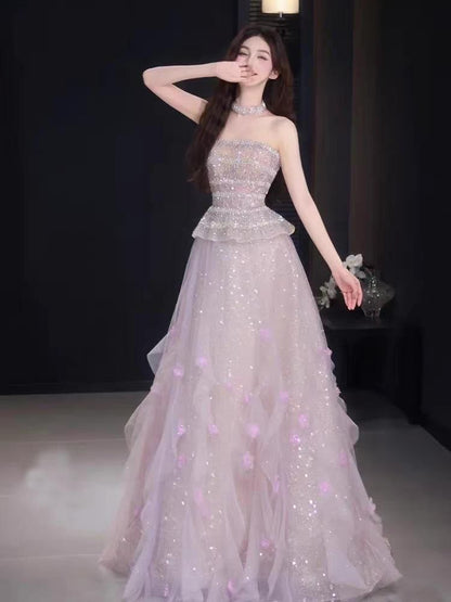 Strapless Sequin Flower Accent Ruffle Trim A-Line Evening Gown