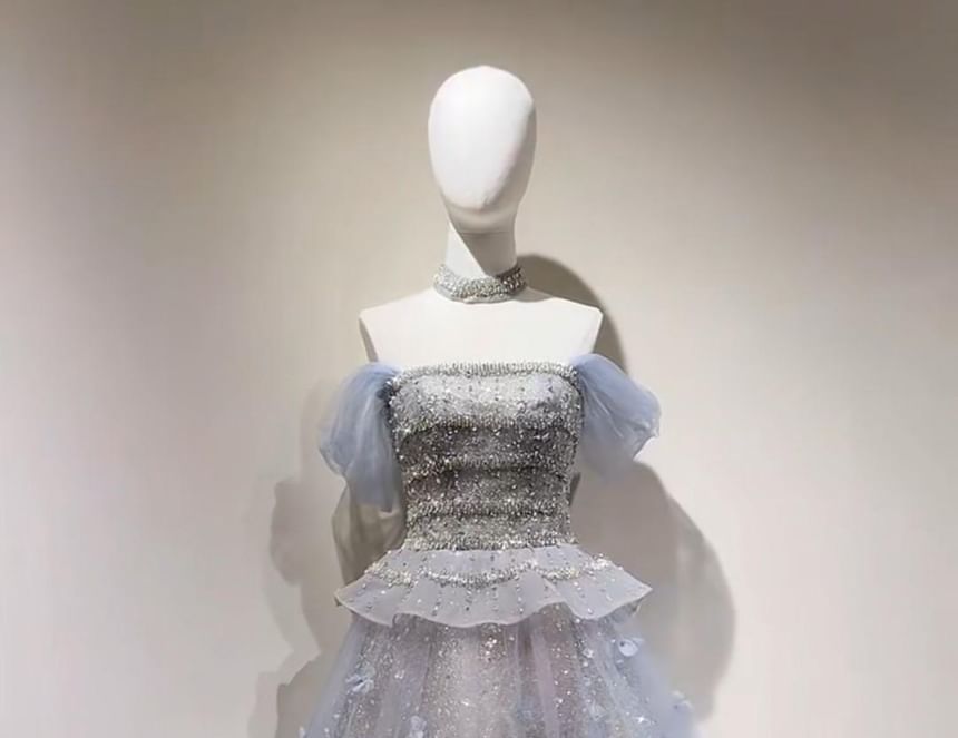 Strapless Sequin Flower Accent Ruffle Trim A-Line Evening Gown