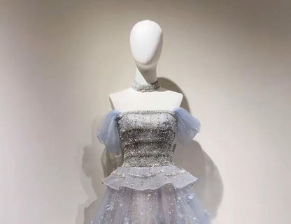 Strapless Sequin Flower Accent Ruffle Trim A-Line Evening Gown