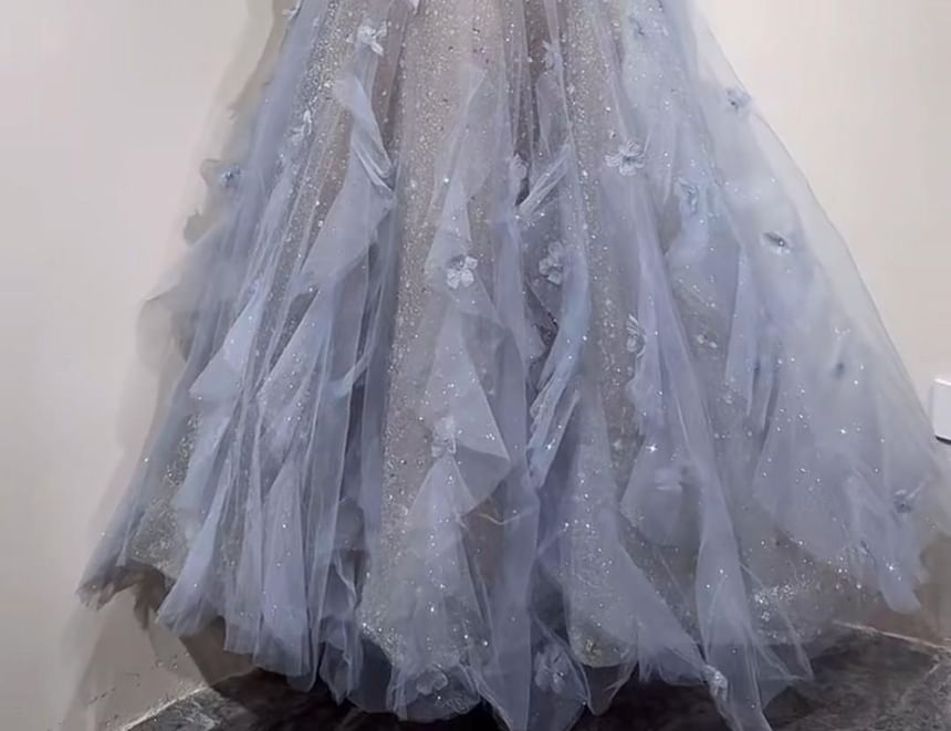 Strapless Sequin Flower Accent Ruffle Trim A-Line Evening Gown